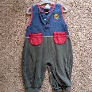 VINTAGE Sleeveless Overalls with Owl Patch - Navy and Olive